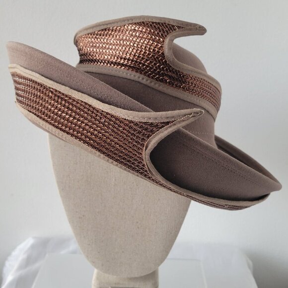 Bollman Accessories - Sandra Bollman NY Neutral-Toned Tan Felt Mesh Fascinator Hat